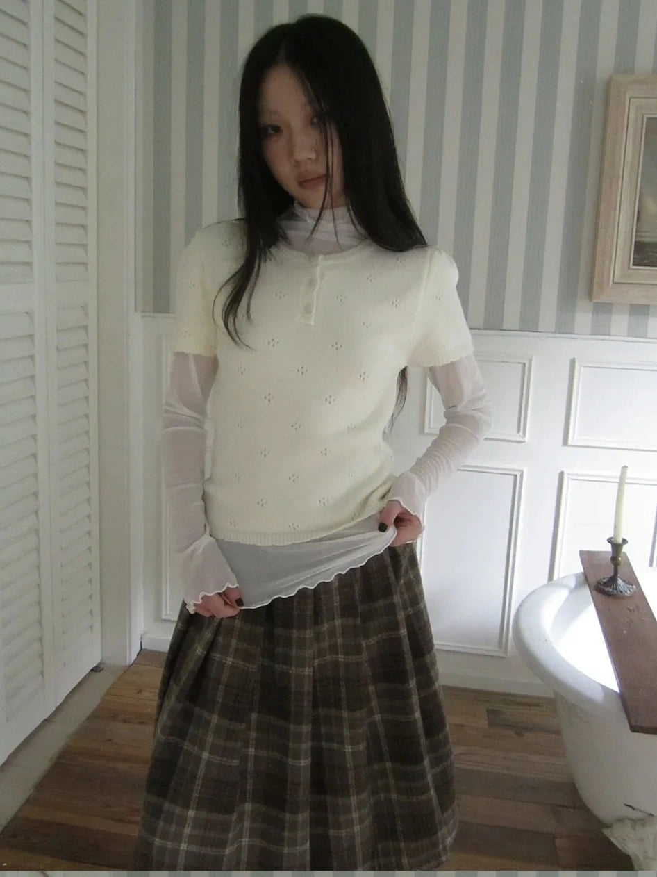 ang project Vintage Knit Layering Mesh Top V-neck T-shirt Long Sleeve T-shirt