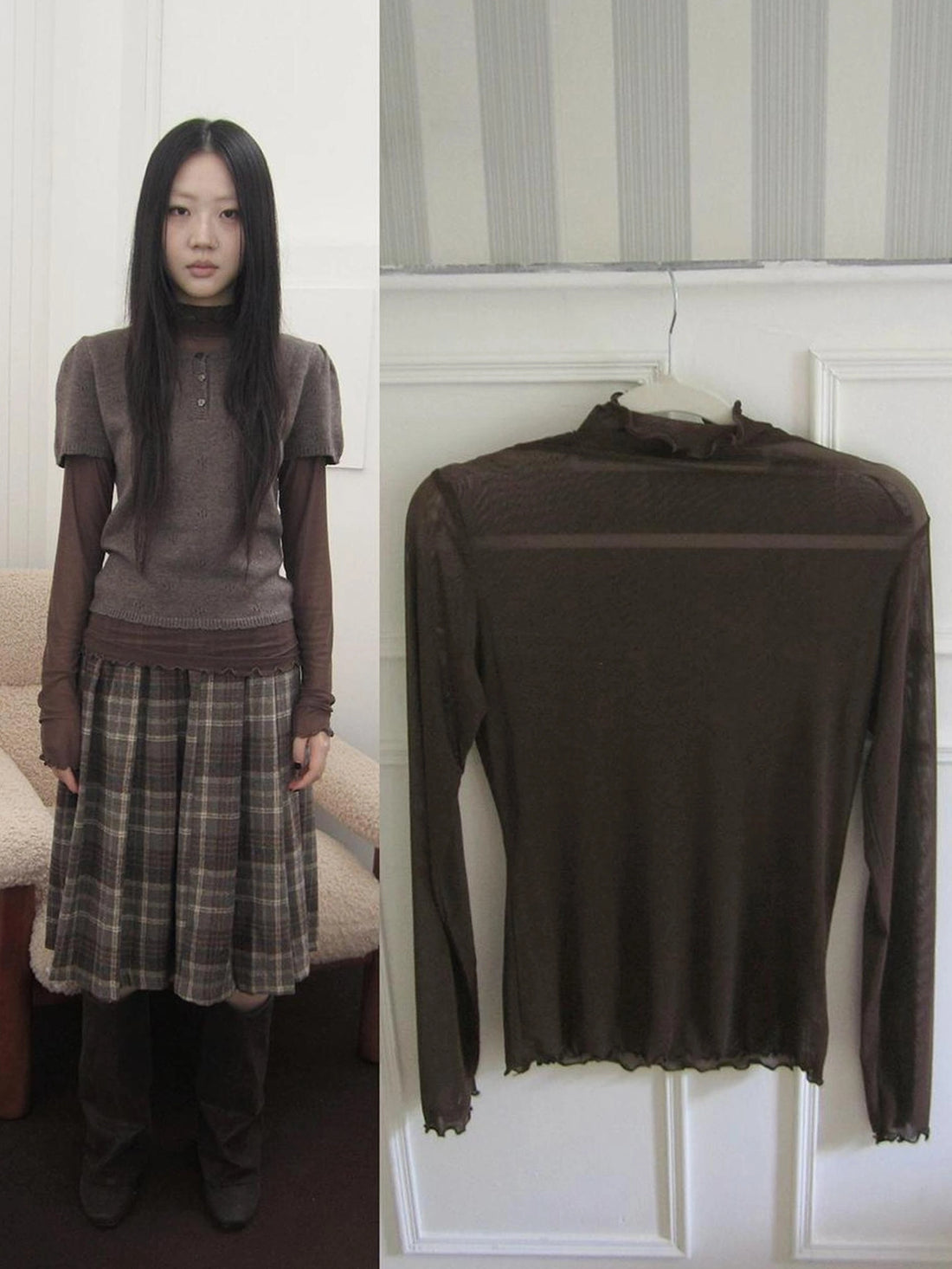 ang project Vintage Knit Layering Mesh Top V-neck T-shirt Long Sleeve T-shirt