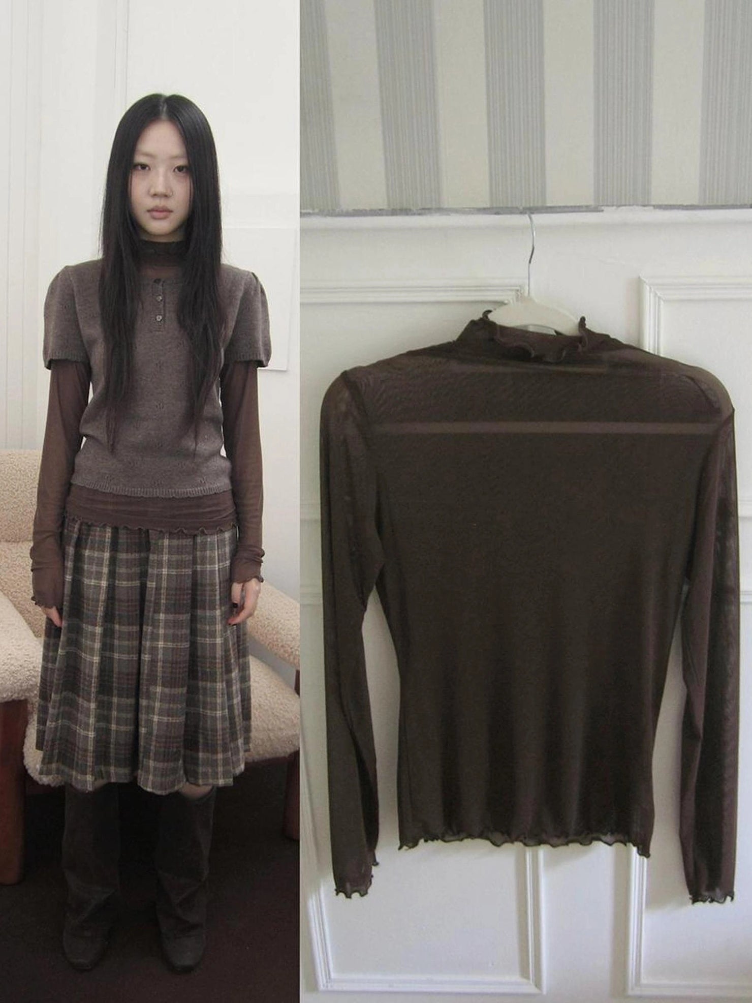 ang project Vintage Knit Layering Mesh Top V-neck T-shirt Long Sleeve T-shirt