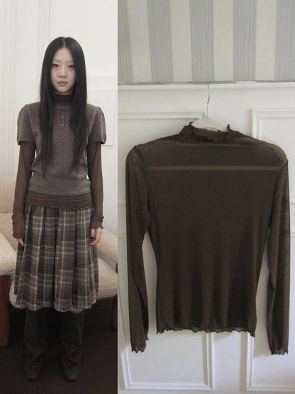 ang project Vintage Knit Layering Mesh Top V-neck T-shirt Long Sleeve T-shirt