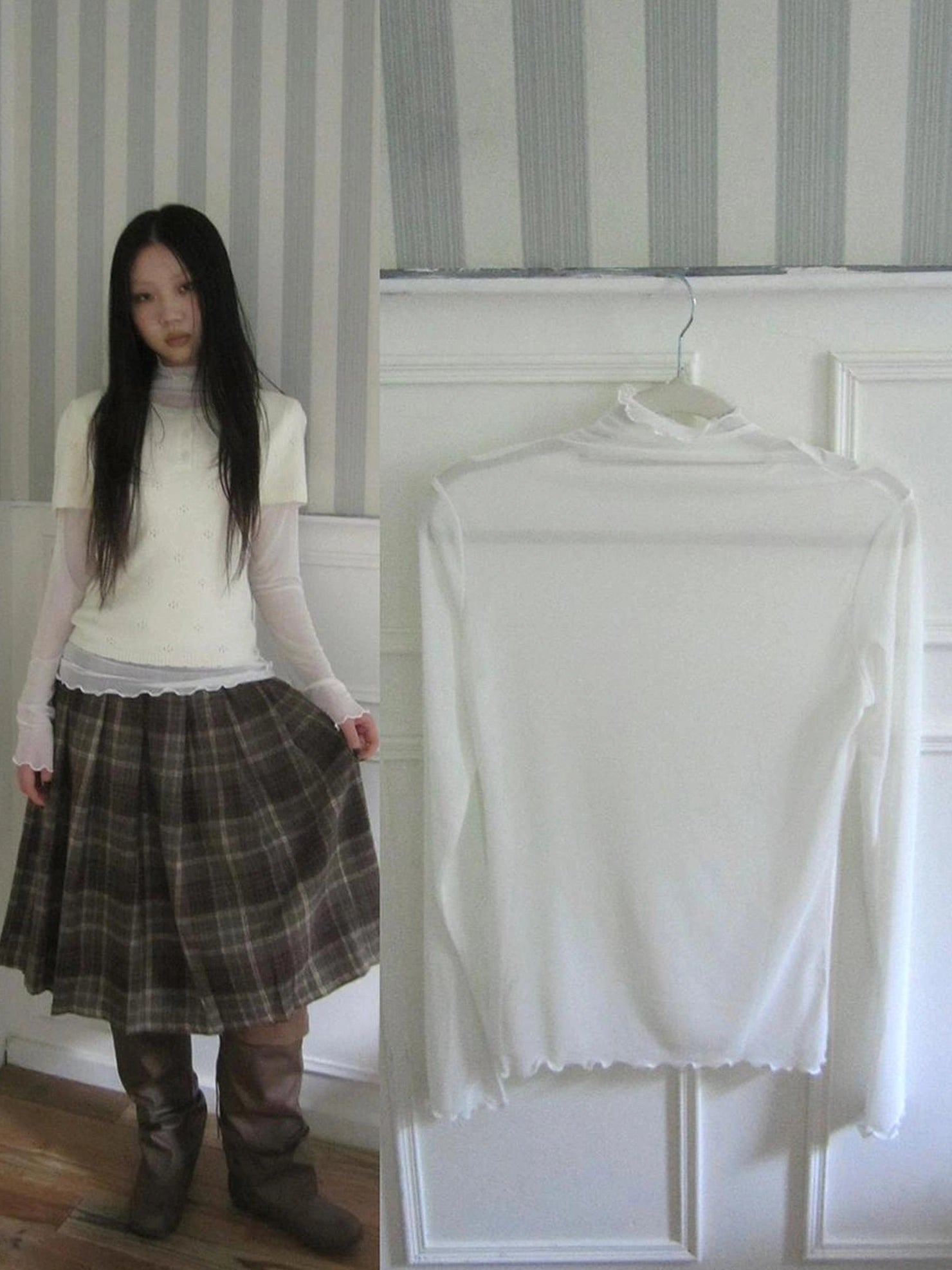 ang project Vintage Knit Layering Mesh Top V-neck T-shirt Long Sleeve T-shirt