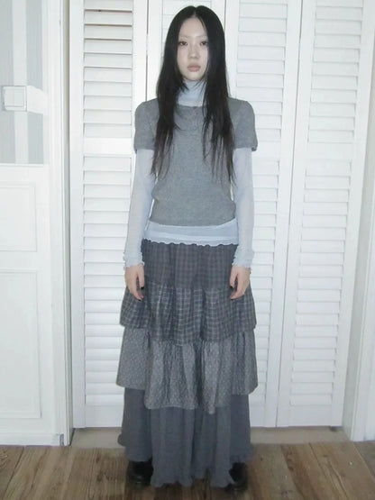 ang project Vintage Knit Layering Mesh Top V-neck T-shirt Long Sleeve T-shirt