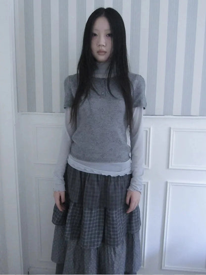 ang project Vintage Knit Layering Mesh Top V-neck T-shirt Long Sleeve T-shirt