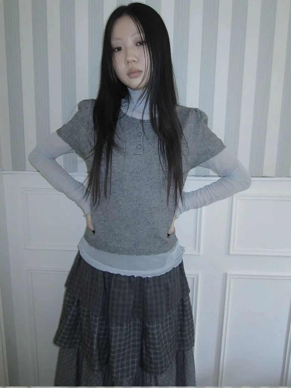 ang project Vintage Knit Layering Mesh Top V-neck T-shirt Long Sleeve T-shirt