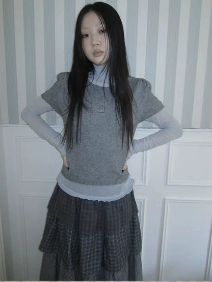 ang project Vintage Knit Layering Mesh Top V-neck T-shirt Long Sleeve T-shirt