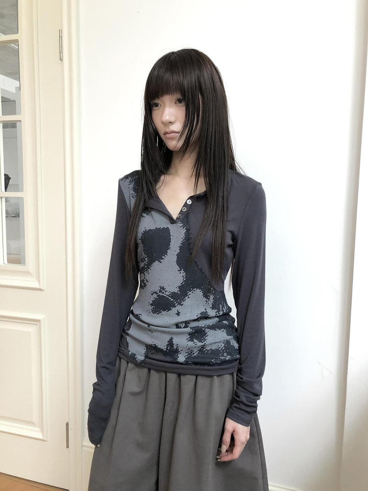 ang project Vintage Korean Print Half Open Neck Pullover Women&