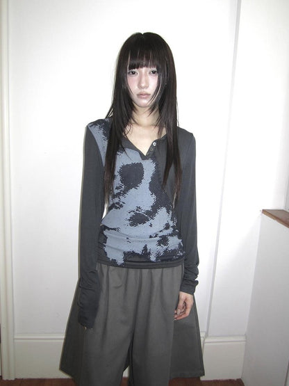 ang project Vintage Korean Print Half Open Neck Pullover Women&