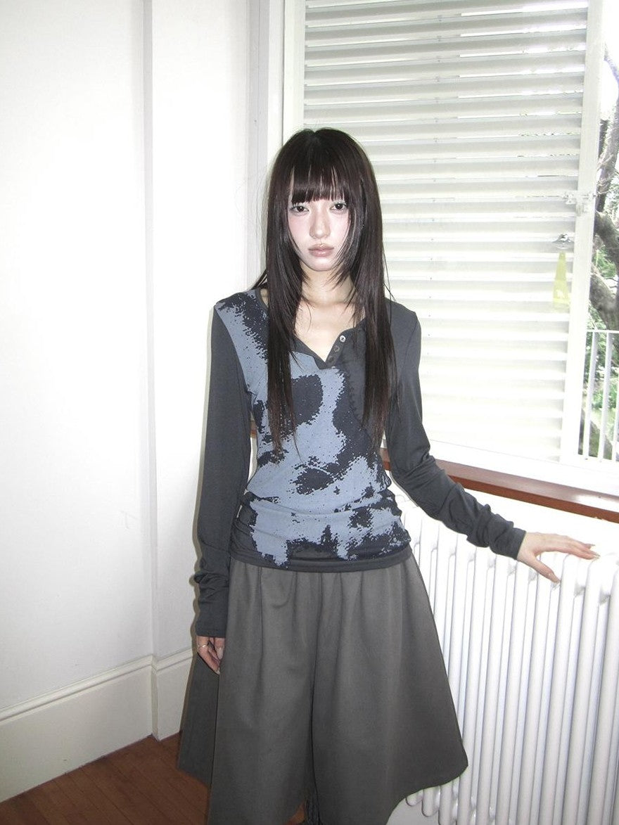 ang project Vintage Korean Print Half Open Neck Pullover Women&