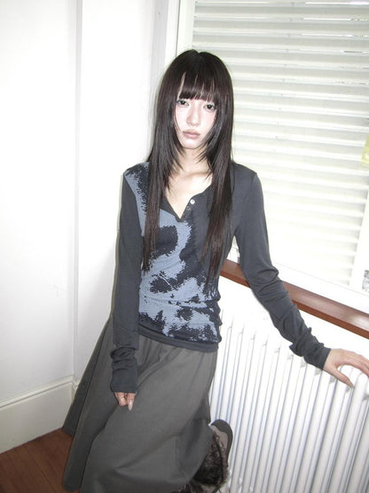 ang project Vintage Korean Print Half Open Neck Pullover Women&