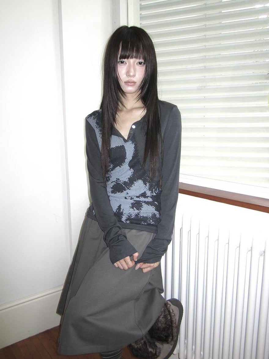 ang project Vintage Korean Print Half Open Neck Pullover Women&