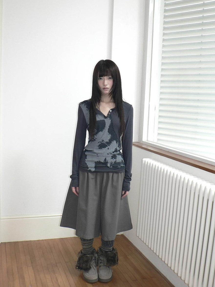 ang project Vintage Korean Print Half Open Neck Pullover Women&