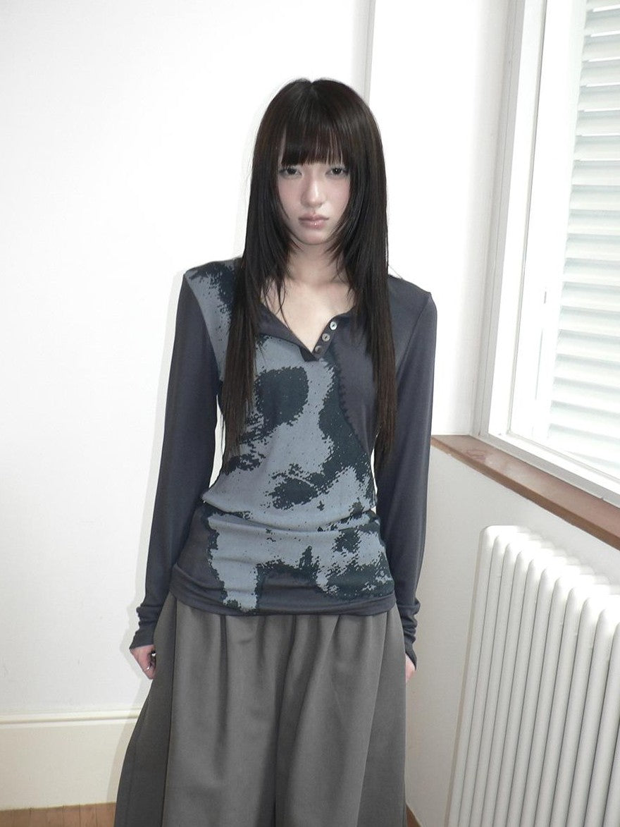 ang project Vintage Korean Print Half Open Neck Pullover Women&