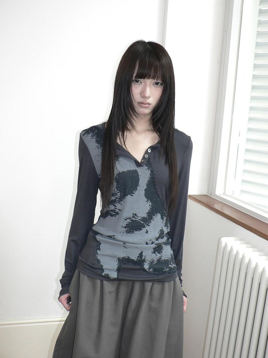 ang project Vintage Korean Print Half Open Neck Pullover Women&