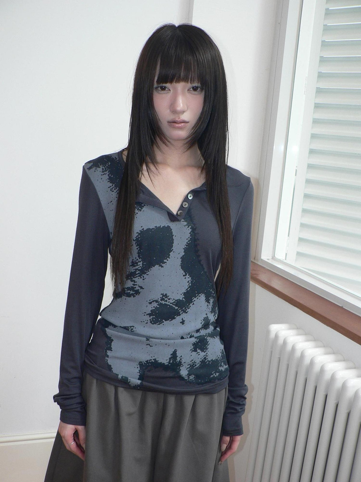 ang project Vintage Korean Print Half Open Neck Pullover Women&