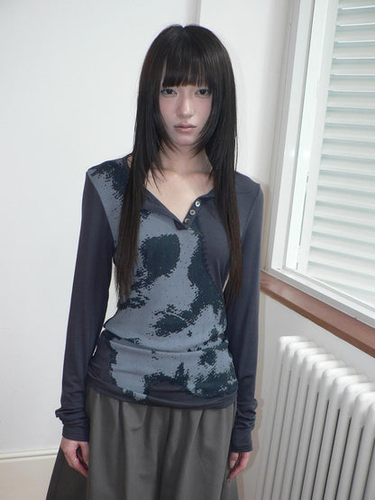 ang project Vintage Korean Print Half Open Neck Pullover Women&