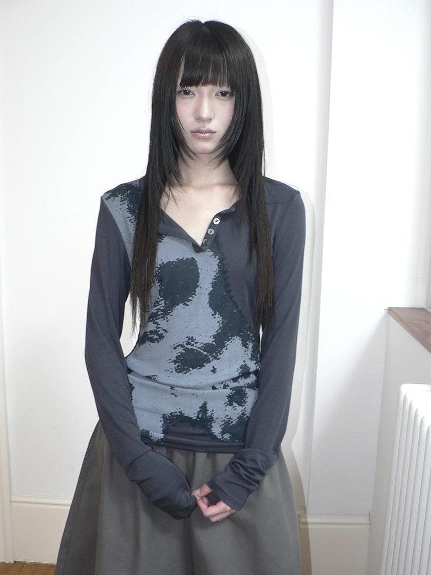 ang project Vintage Korean Print Half Open Neck Pullover Women&