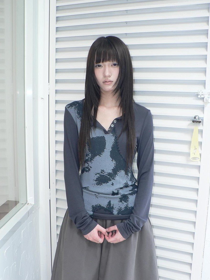 ang project Vintage Korean Print Half Open Neck Pullover Women&