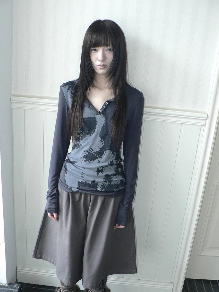 ang project Vintage Korean Print Half Open Neck Pullover Women&