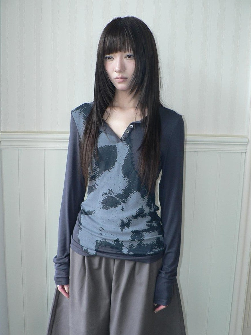 ang project Vintage Korean Print Half Open Neck Pullover Women&