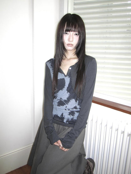 ang project Vintage Korean Print Half Open Neck Pullover Women&