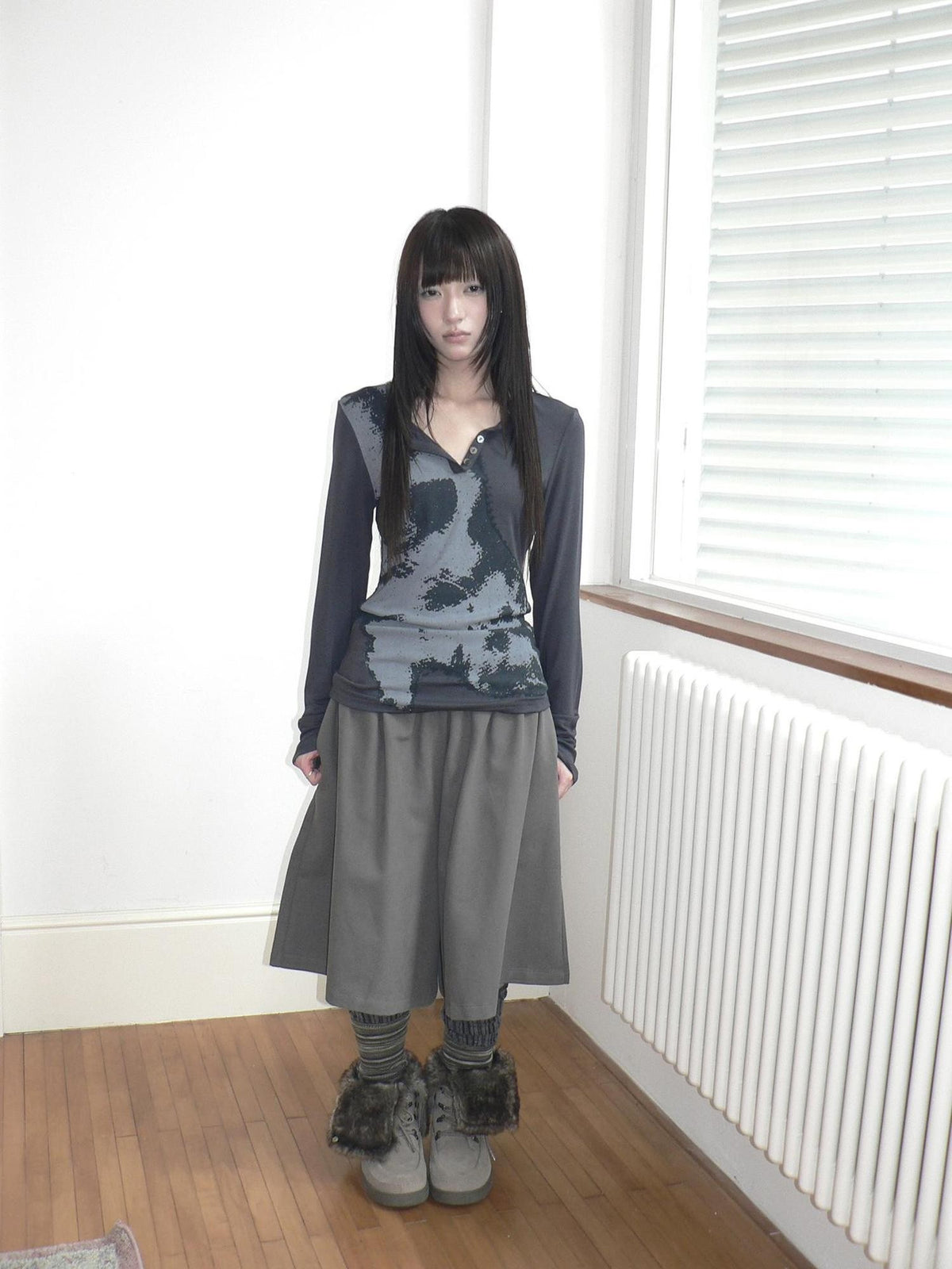 ang project Vintage Korean Print Half Open Neck Pullover Women&