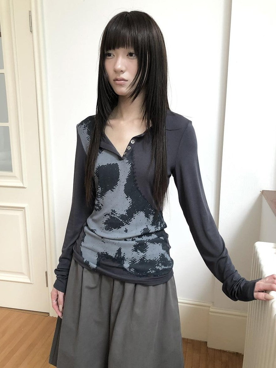 ang project Vintage Korean Print Half Open Neck Pullover Women&