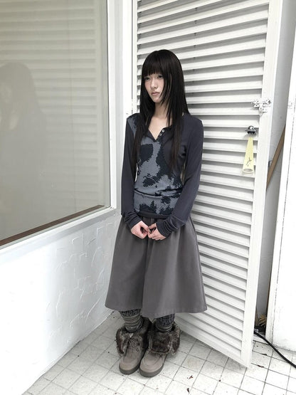 ang project Vintage Korean Print Half Open Neck Pullover Women&