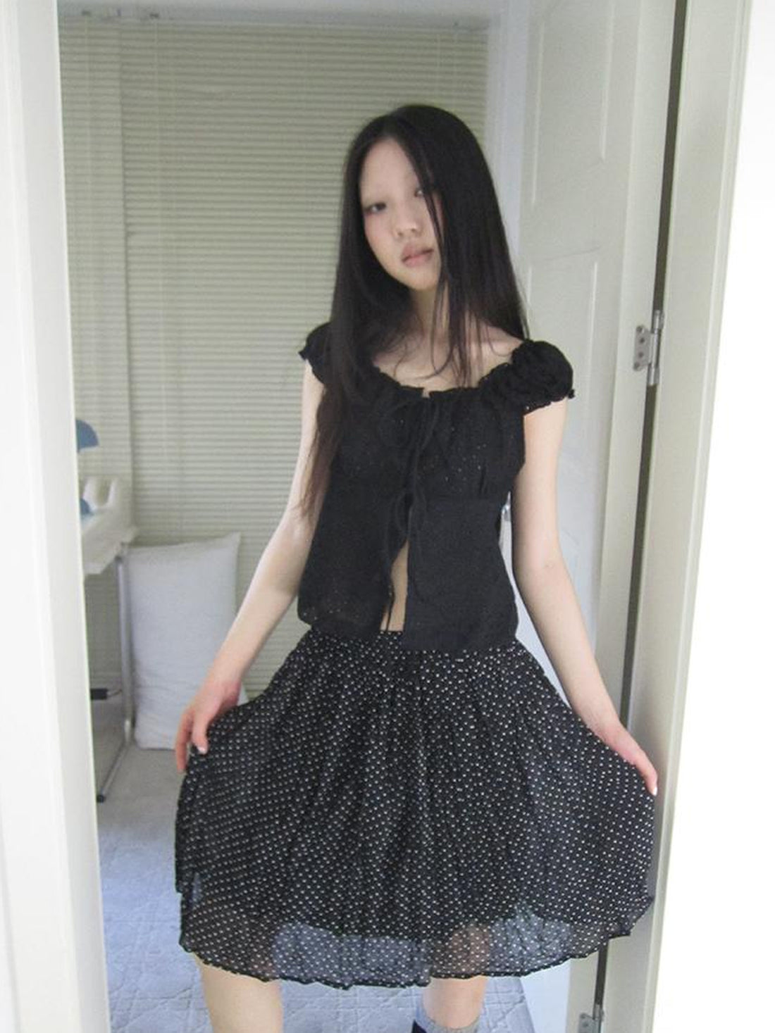 ang project Vintage Korean Summer Layered Hollow Out Tie Crop Top