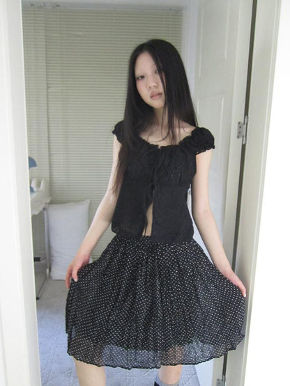 ang project Vintage Korean Summer Layered Hollow Out Tie Crop Top