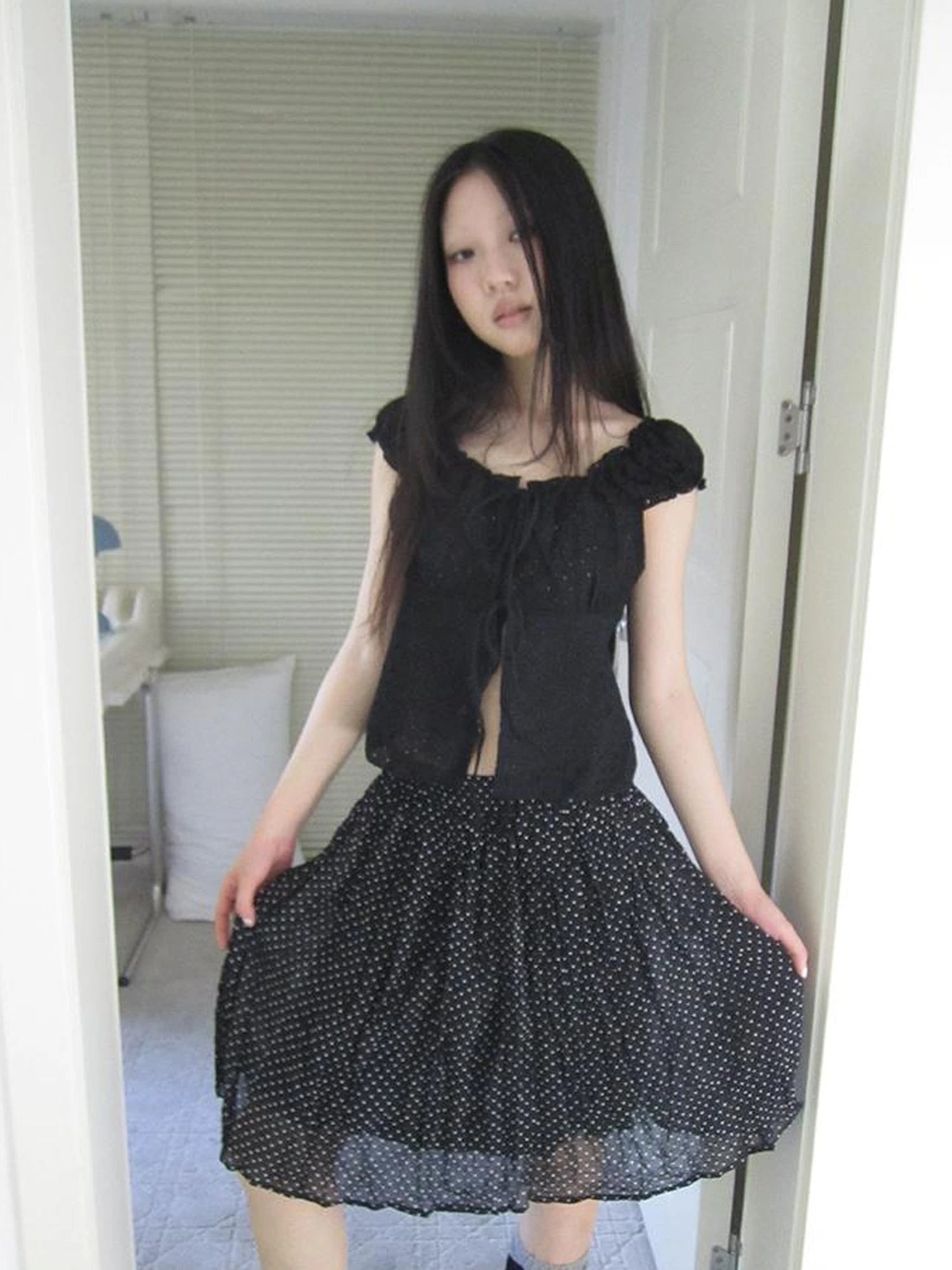 Vintage Korean Summer Layered Hollow Out Tie Crop Top