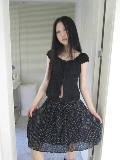 Vintage Korean Summer Layered Hollow Out Tie Crop Top