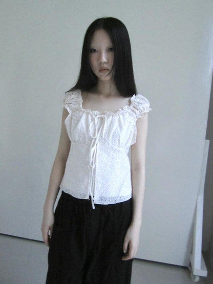 ang project Vintage Korean Summer Layered Hollow Out Tie Crop Top