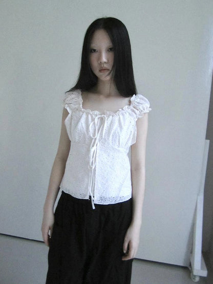 Vintage Korean Summer Layered Hollow Out Tie Crop Top