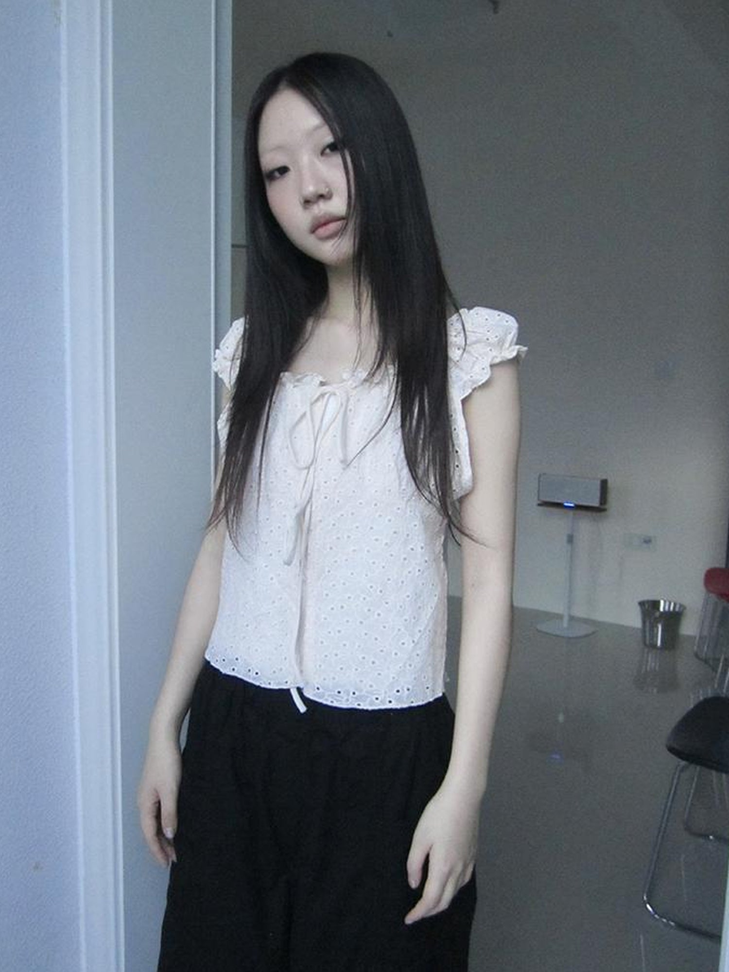 ang project Vintage Korean Summer Layered Hollow Out Tie Crop Top