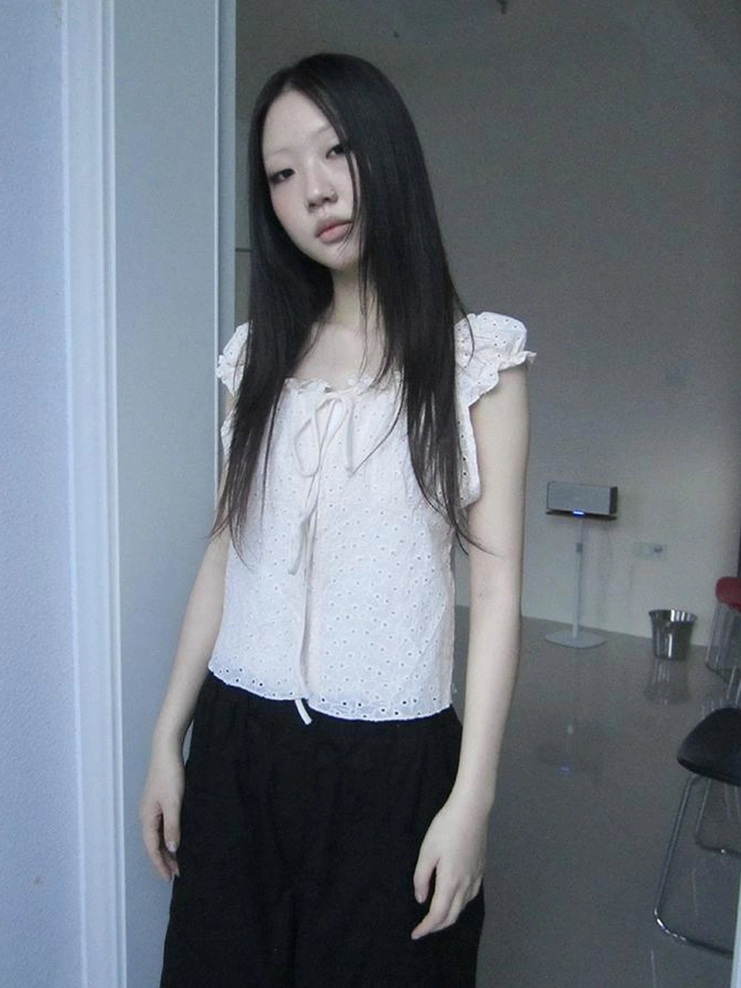 Vintage Korean Summer Layered Hollow Out Tie Crop Top