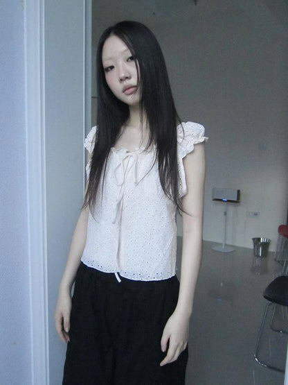 Vintage Korean Summer Layered Hollow Out Tie Crop Top