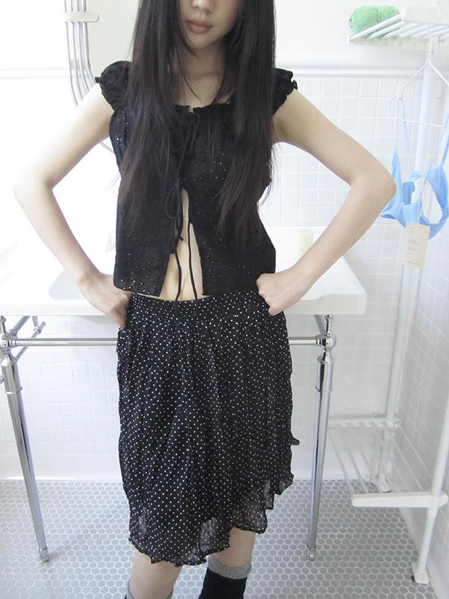 ang project Vintage Korean Summer Layered Hollow Out Tie Crop Top
