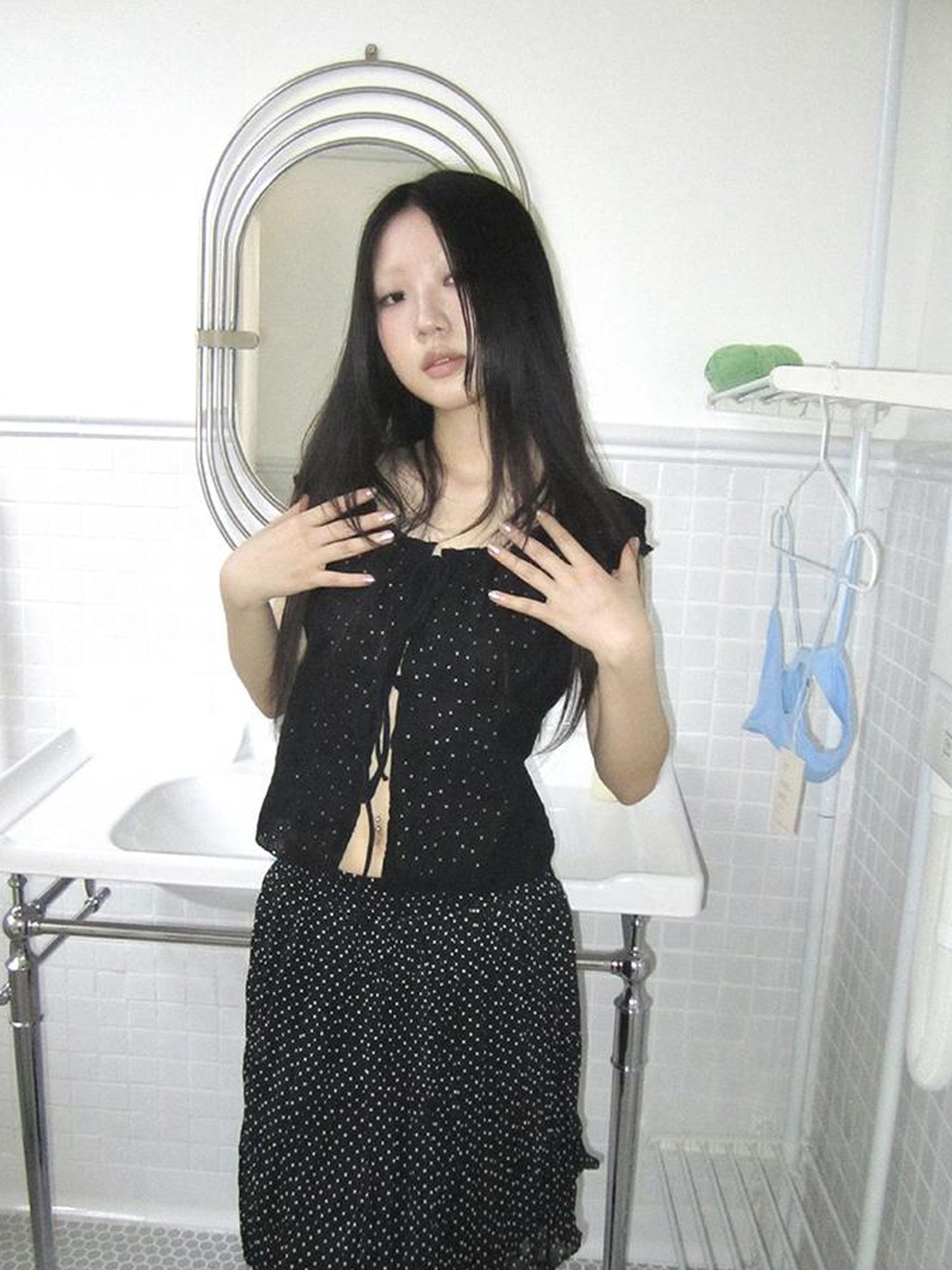 ang project Vintage Korean Summer Layered Hollow Out Tie Crop Top
