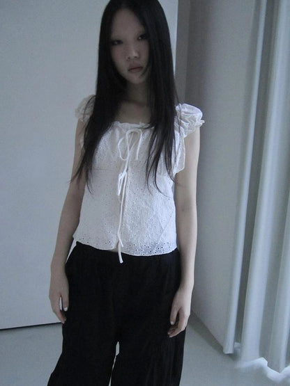 Vintage Korean Summer Layered Hollow Out Tie Crop Top