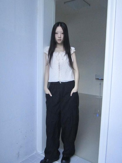 ang project Vintage Korean Summer Layered Hollow Out Tie Crop Top