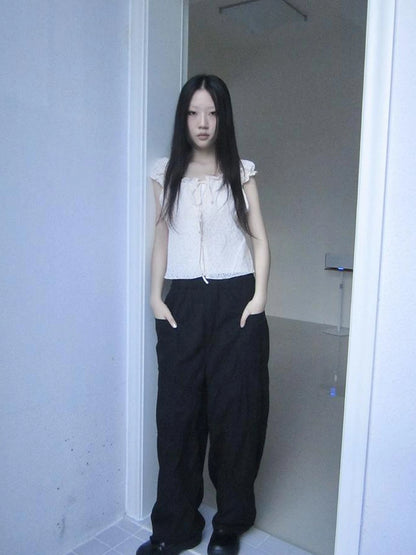 Vintage Korean Summer Layered Hollow Out Tie Crop Top