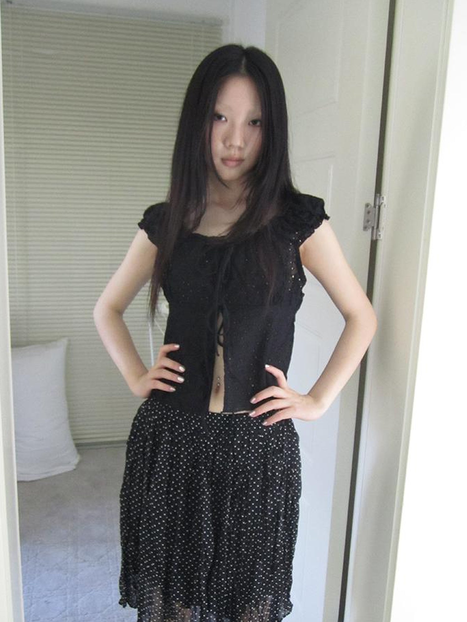 ang project Vintage Korean Summer Layered Hollow Out Tie Crop Top
