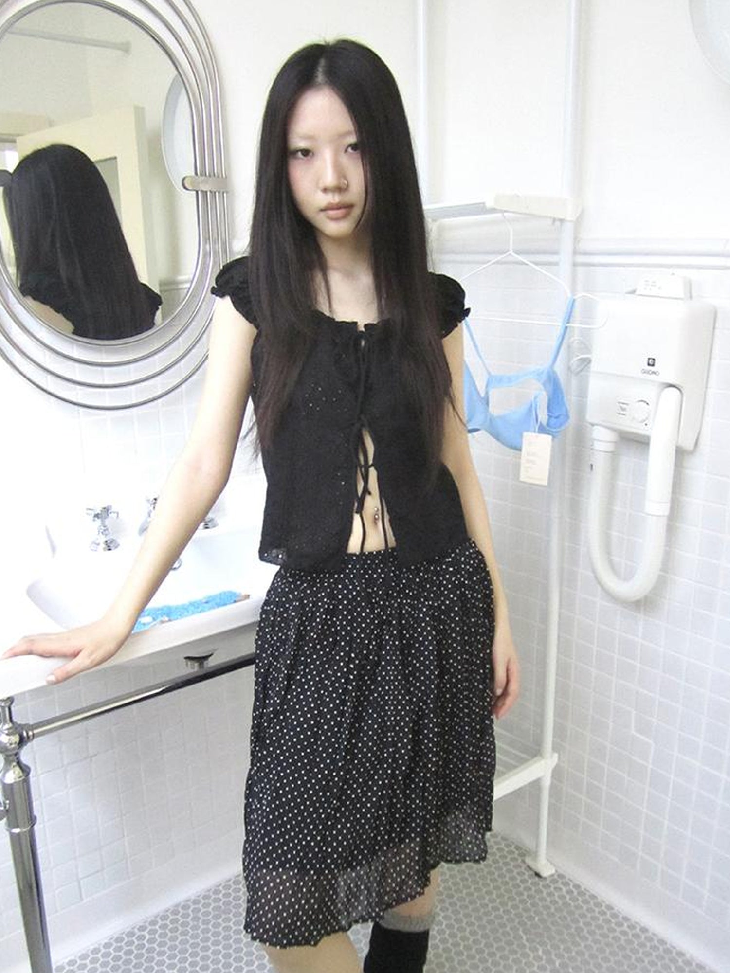 ang project Vintage Korean Summer Layered Hollow Out Tie Crop Top