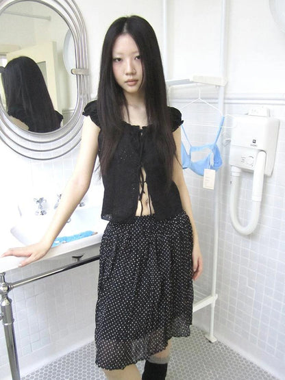 Vintage Korean Summer Layered Hollow Out Tie Crop Top