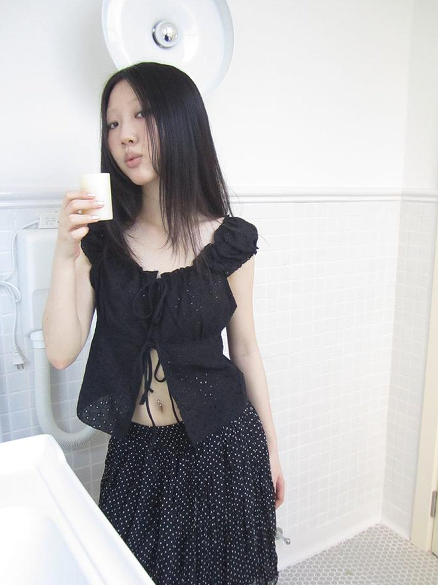 ang project Vintage Korean Summer Layered Hollow Out Tie Crop Top