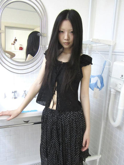 ang project Vintage Korean Summer Layered Hollow Out Tie Crop Top