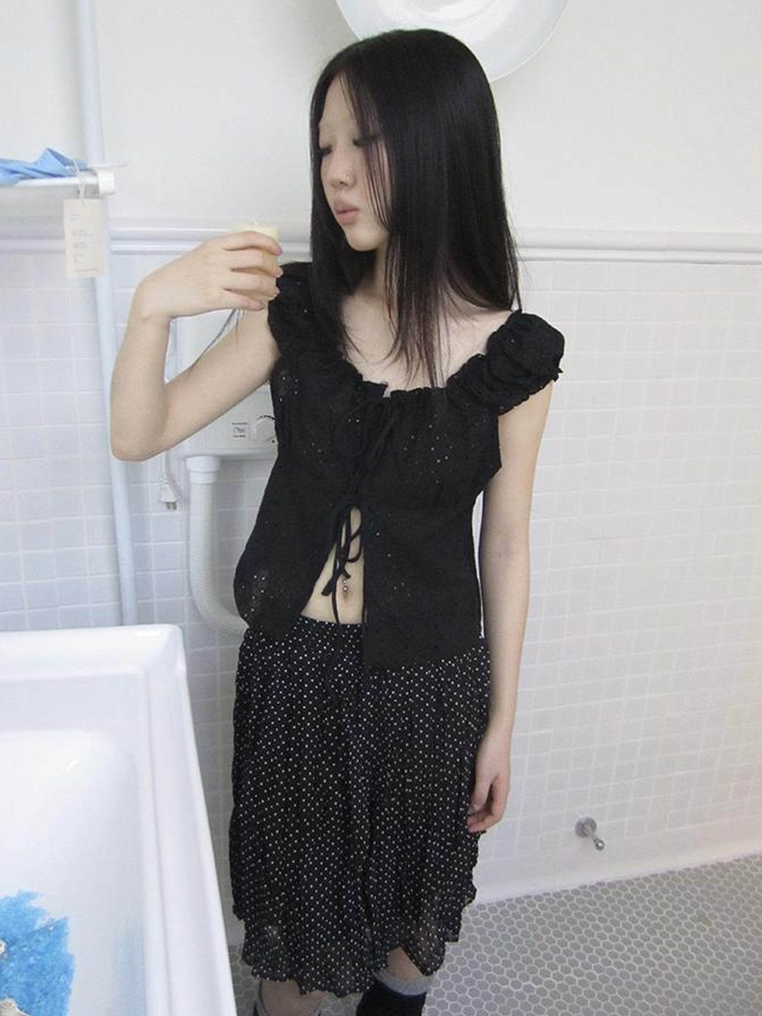 ang project Vintage Korean Summer Layered Hollow Out Tie Crop Top