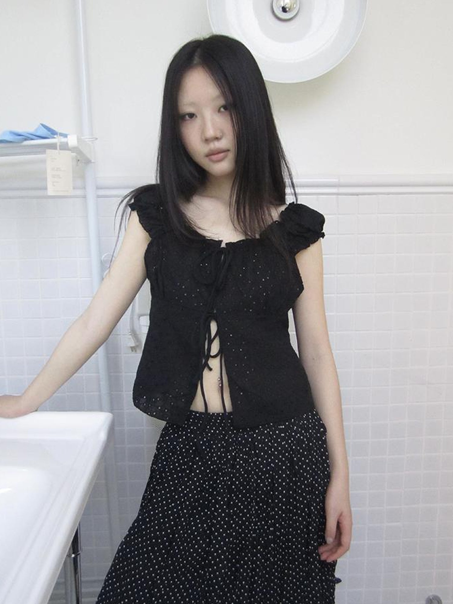 ang project Vintage Korean Summer Layered Hollow Out Tie Crop Top