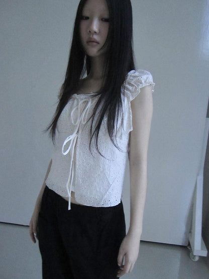 ang project Vintage Korean Summer Layered Hollow Out Tie Crop Top