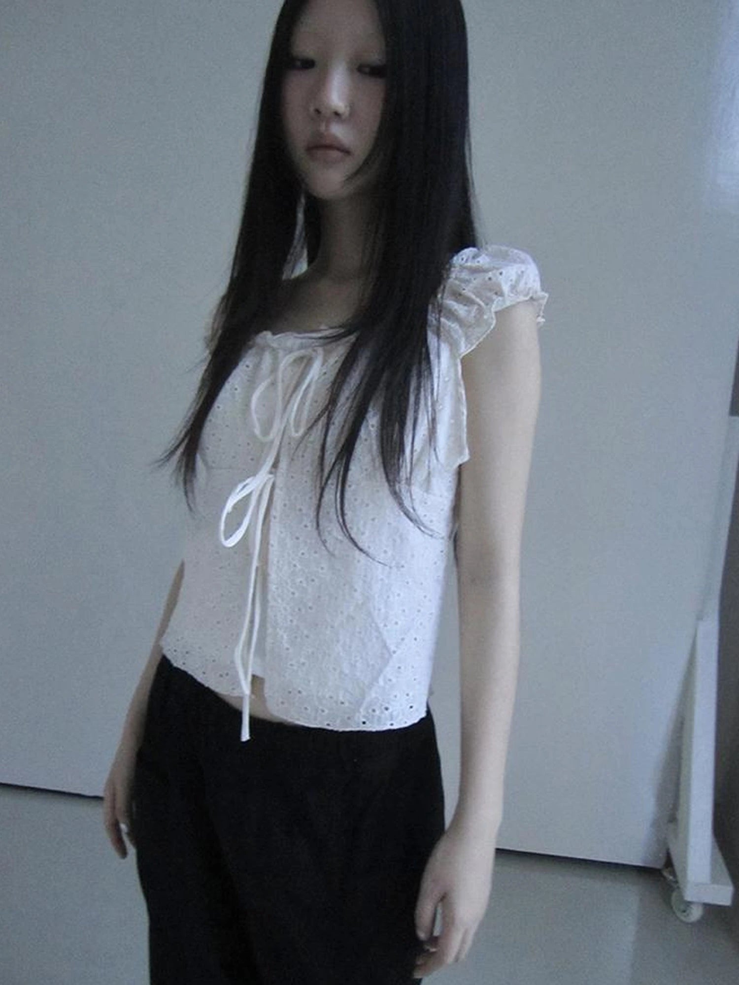 Vintage Korean Summer Layered Hollow Out Tie Crop Top